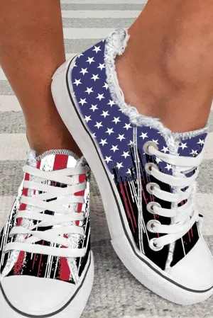 Women's Stars and Stripes Print Lace Up Flat Canvas Shoes