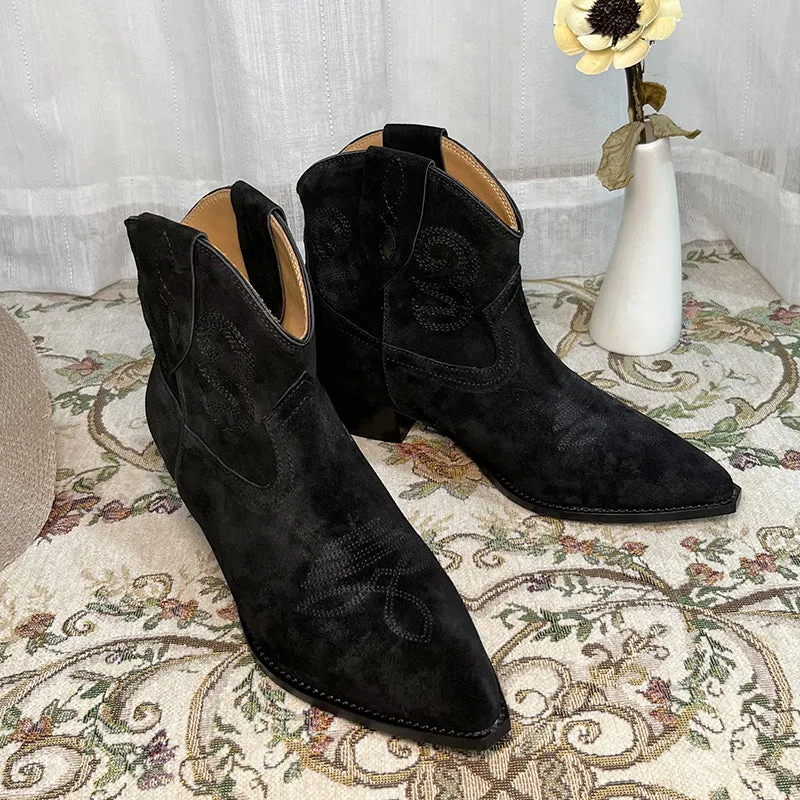 Womens Western Embroidered Ankle Boots - Suede Khaki/Black/Brown Cowgirl Boots All Genuine Leather