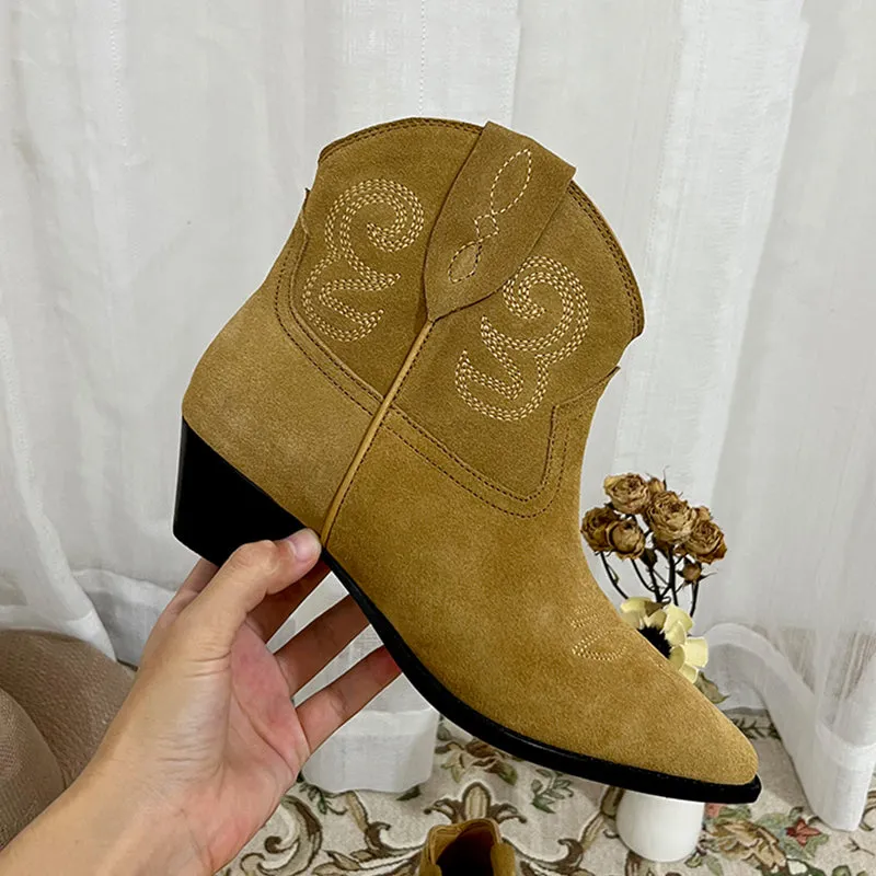 Womens Western Embroidered Ankle Boots - Suede Khaki/Black/Brown Cowgirl Boots All Genuine Leather