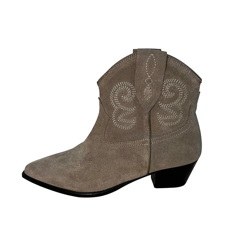 Womens Western Embroidered Ankle Boots - Suede Khaki/Black/Brown Cowgirl Boots All Genuine Leather