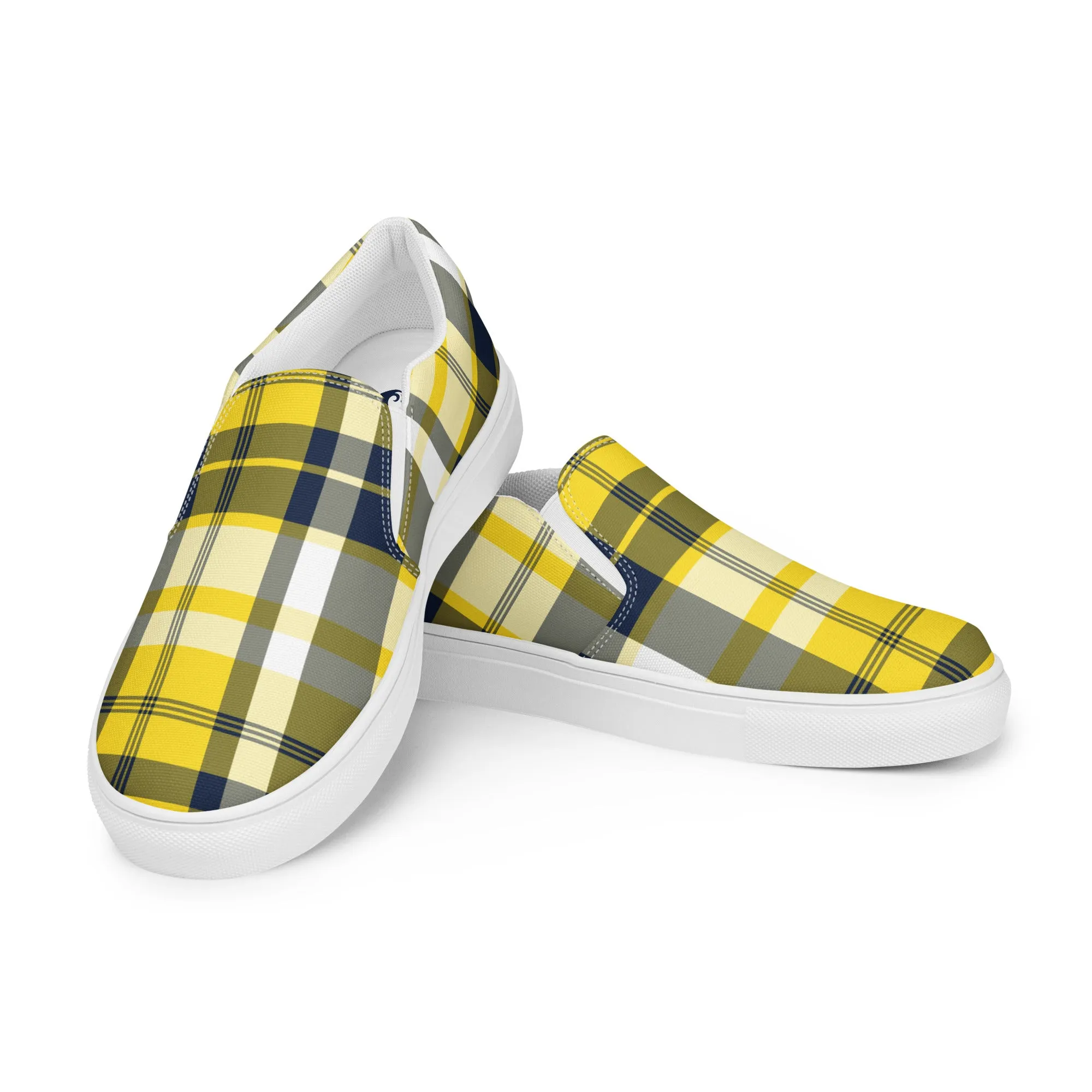 Yellow and Navy Blue Preppy Surfer Plaid Men’s Slip On Canvas Shoes