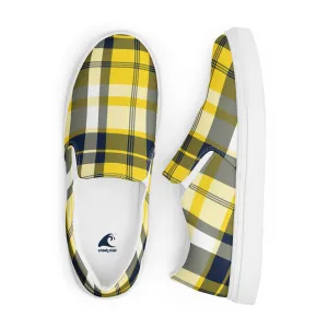 Yellow and Navy Blue Preppy Surfer Plaid Men’s Slip On Canvas Shoes