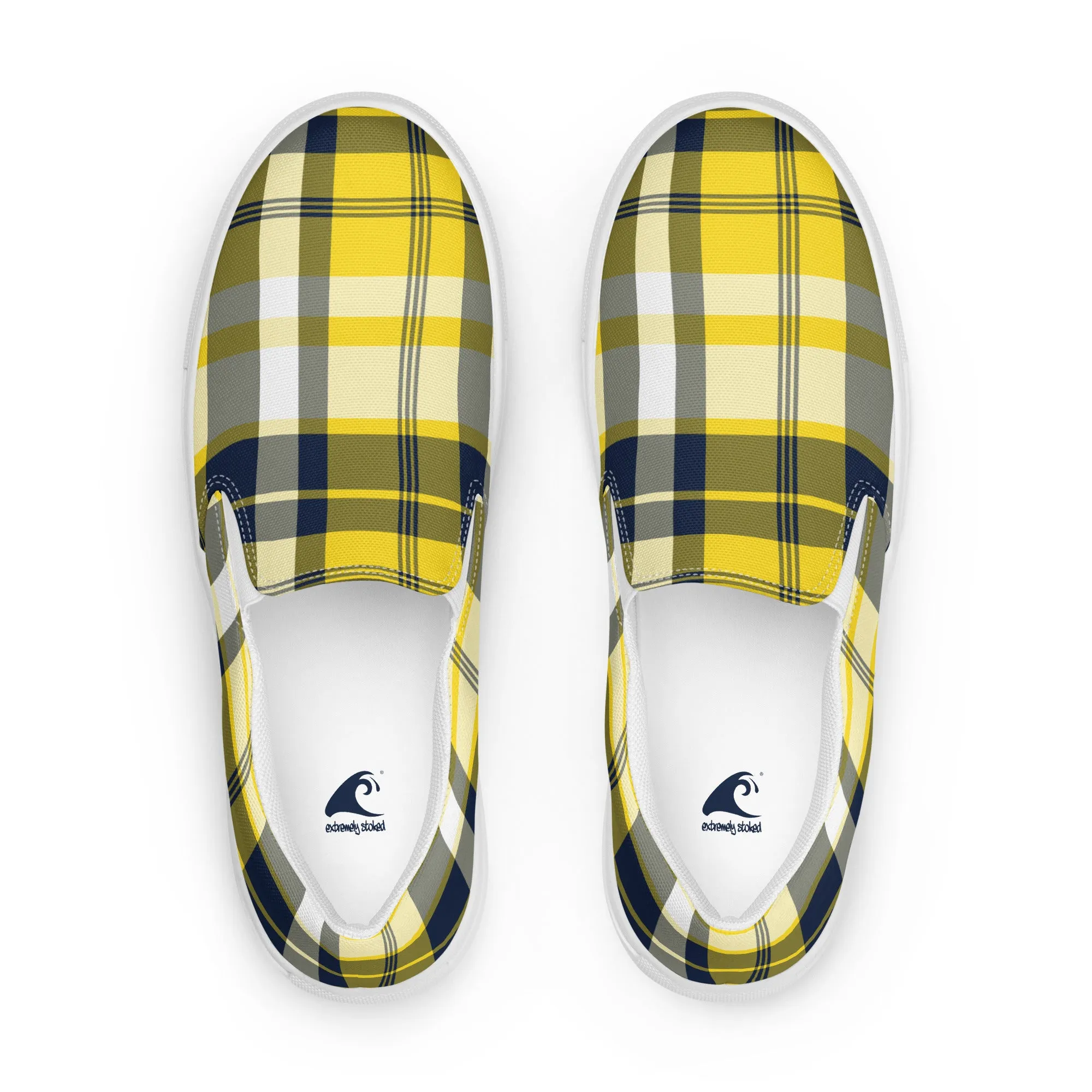 Yellow and Navy Blue Preppy Surfer Plaid Men’s Slip On Canvas Shoes